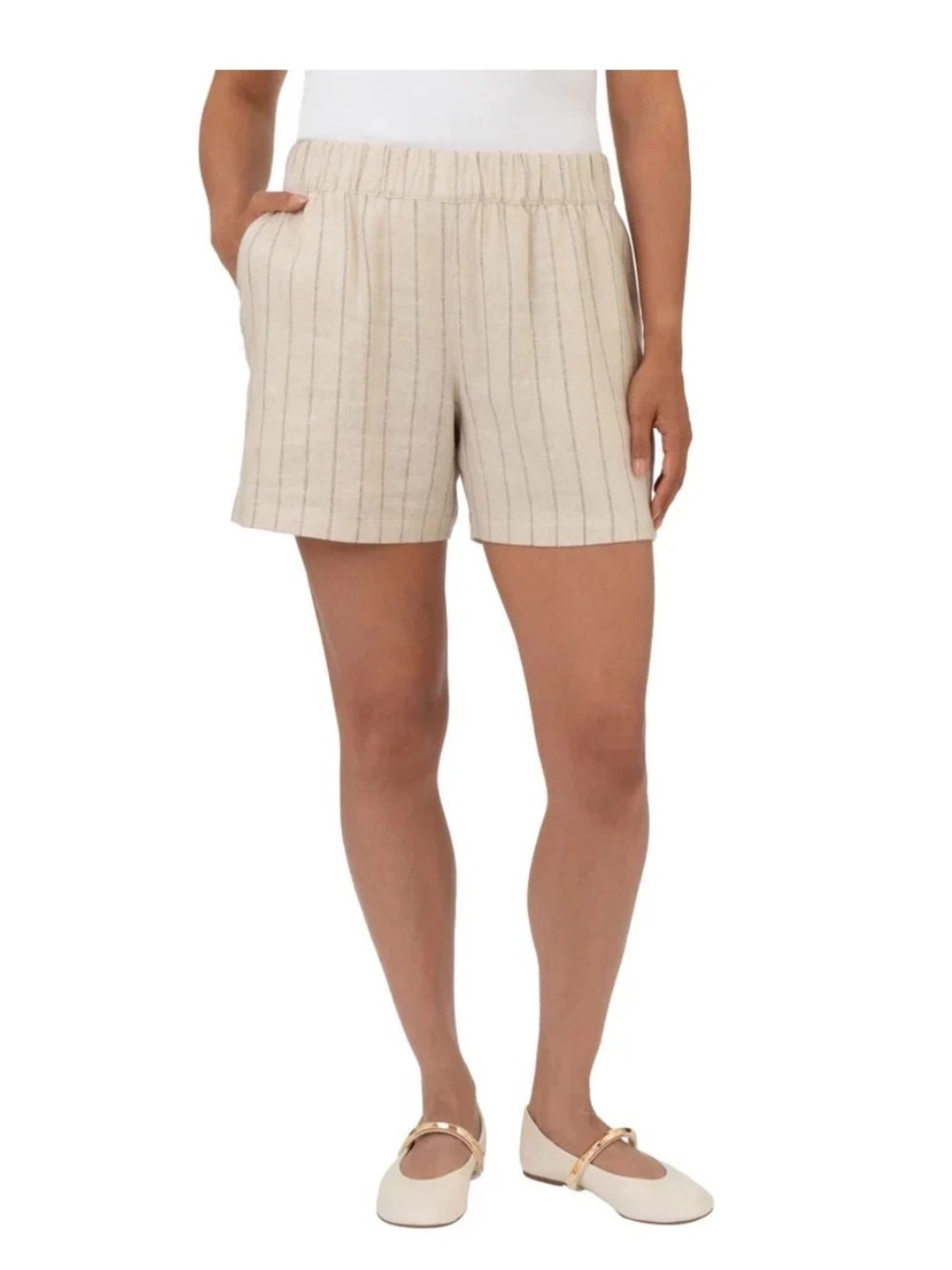 NWT BlankNYC Beige Stripe Elastic-Waist Shorts Linen Blend 5”Inseam Women’s XXL